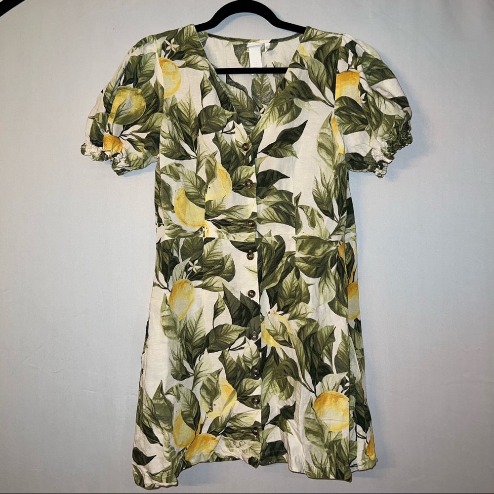 H&M lemon print puff sleeve button front linen dress size medium